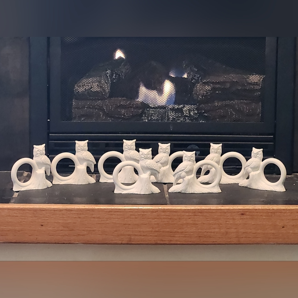 Eight Vintage Unpainted Ceramic Bisque Standing Owl Napkin Rings Cramer 1981